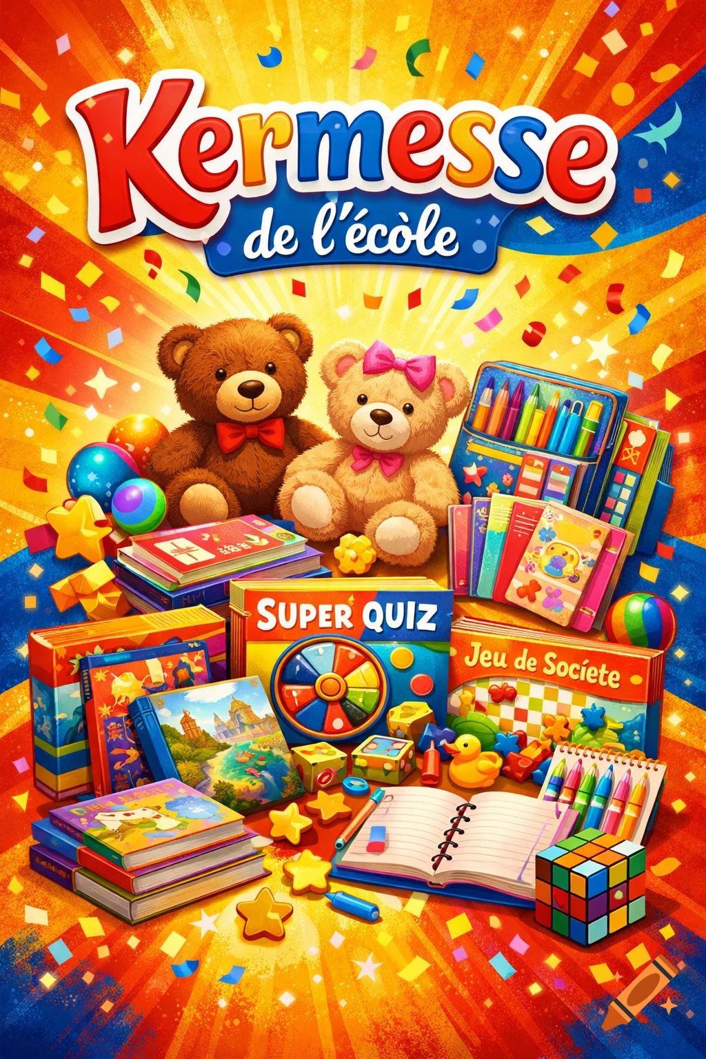Colorful school fair flyer with teddy bears, books, board games, art supplies, stars, and confetti on a red and yellow background.