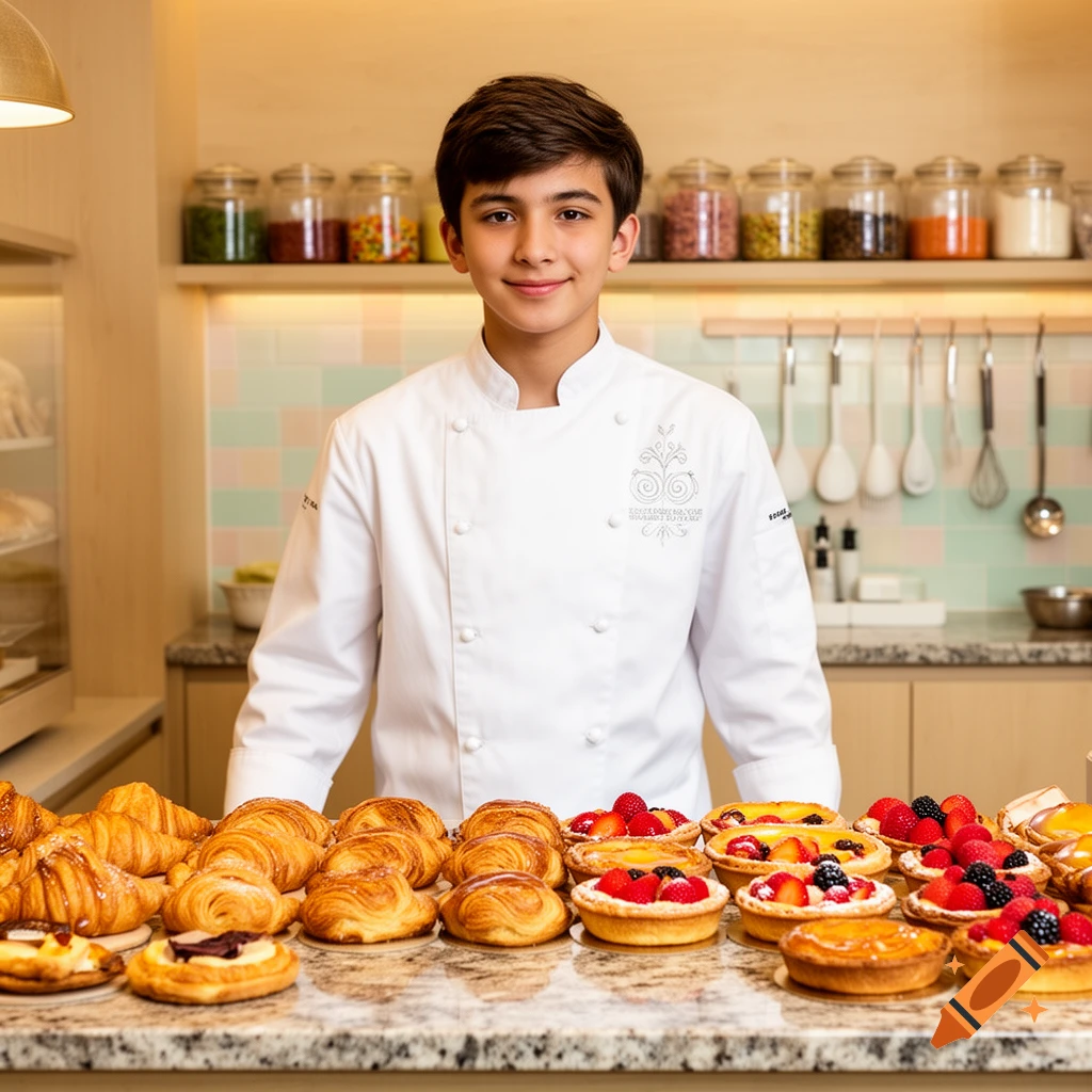 A young boy in a white chef's coat stands smiling behind a counter laden with croissants and fruit tarts.