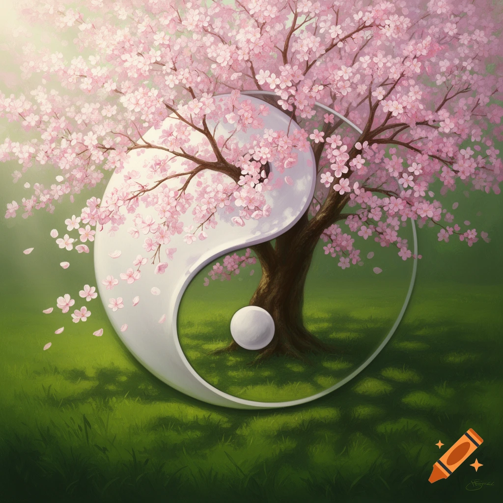 A stylized cherry blossom tree with pink flowers and falling petals growing from a white and grey Yin Yang symbol in a green meadow.