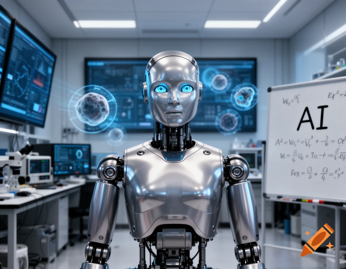 A photorealistic silver humanoid robot with glowing blue eyes in a high-tech lab, with data screens, a whiteboard showing AI, and floating cells.