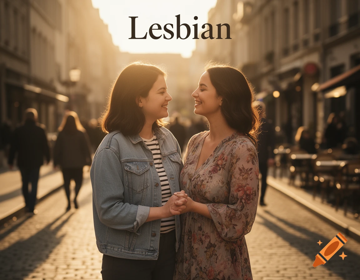 Two smiling women holding hands on a bustling city street at sunset, with the word 'Lesbian' above them.