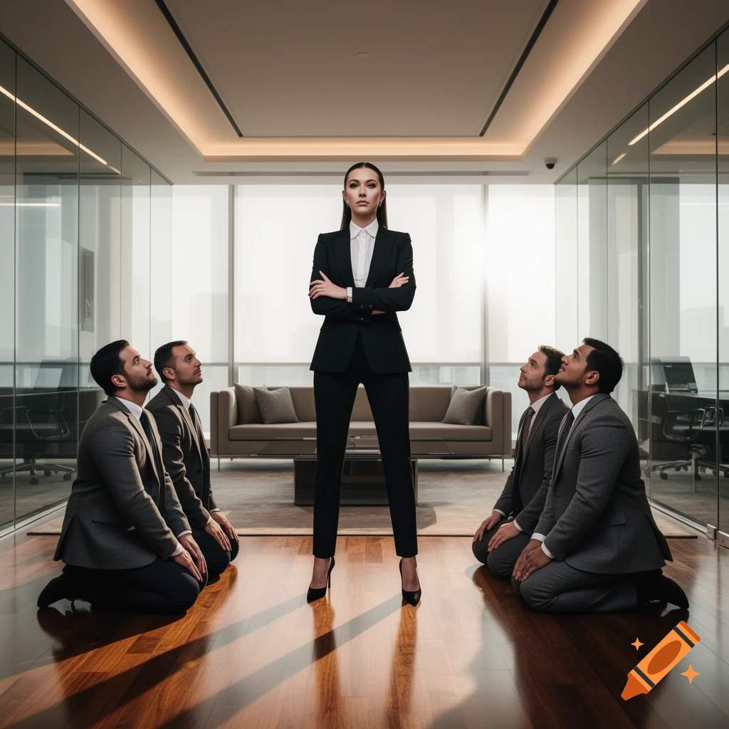 A confident businesswoman in a black suit stands with crossed arms while four businessmen kneel before her in a modern office.