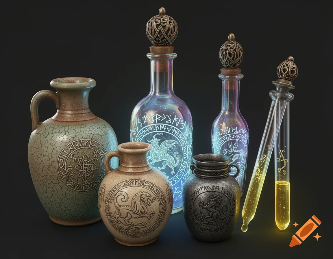 A collection of ornate medieval-style bottles and pots, two glow with mystical runes and a golden liquid, on a dark background.