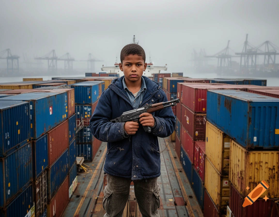 A serious-looking boy stands on a container ship holding a machine pistol, surrounded by stacks of colorful shipping containers under a foggy sky with cranes in the distance.