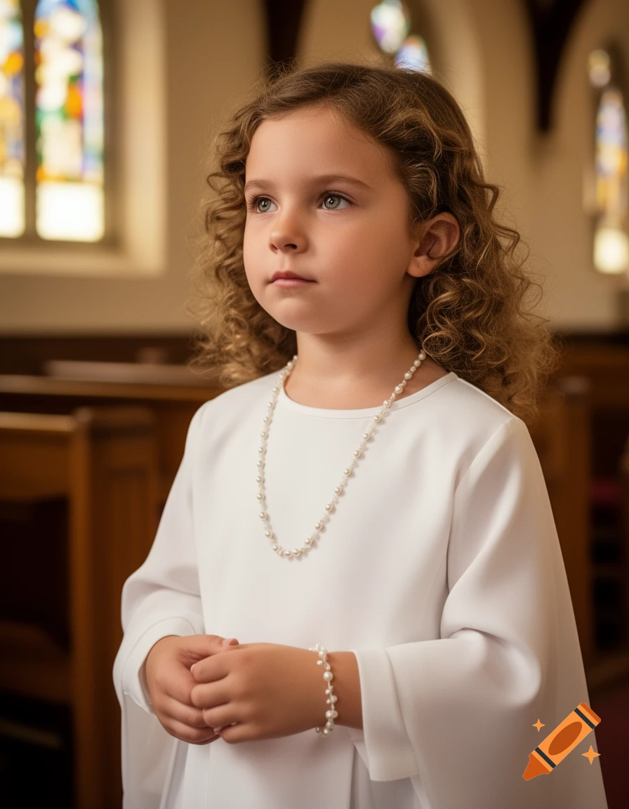 A photorealistic portrait of a young girl in a white dress and pearl necklace, looking up in a church.