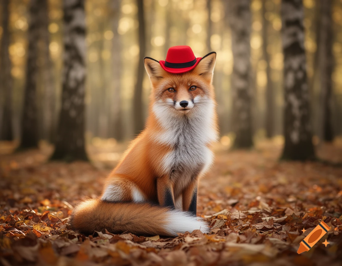 A red fox wearing a small red hat sits among fallen autumn leaves in a ...