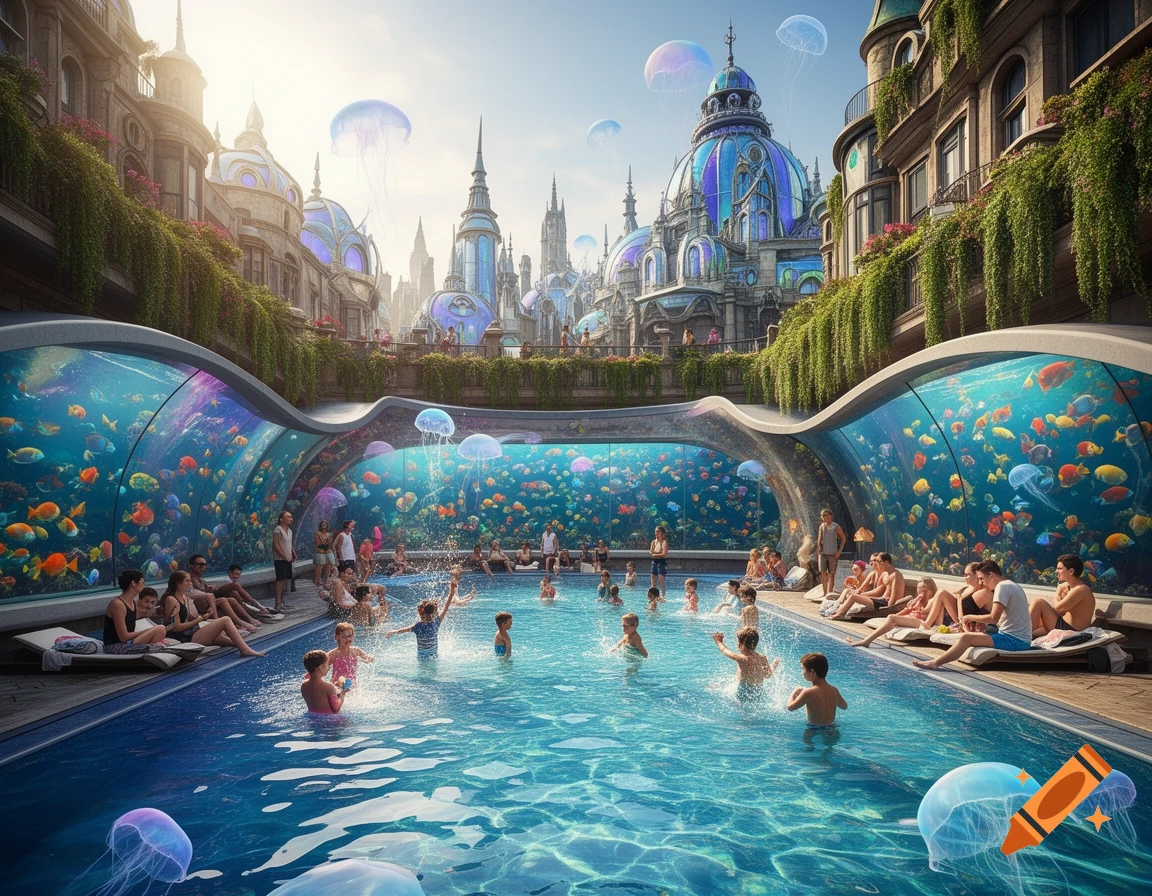 People swim in a fantastical pool surrounded by a large aquarium and ornate fantasy architecture under a bright sky.