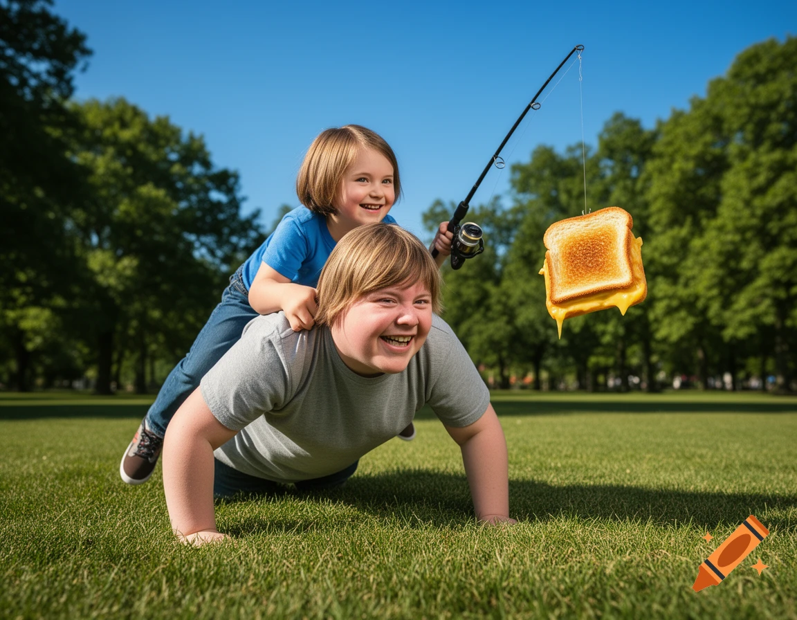 A child rides on the back of an adult crawling in a sunny park, holding a fishing rod with a grilled cheese sandwich.