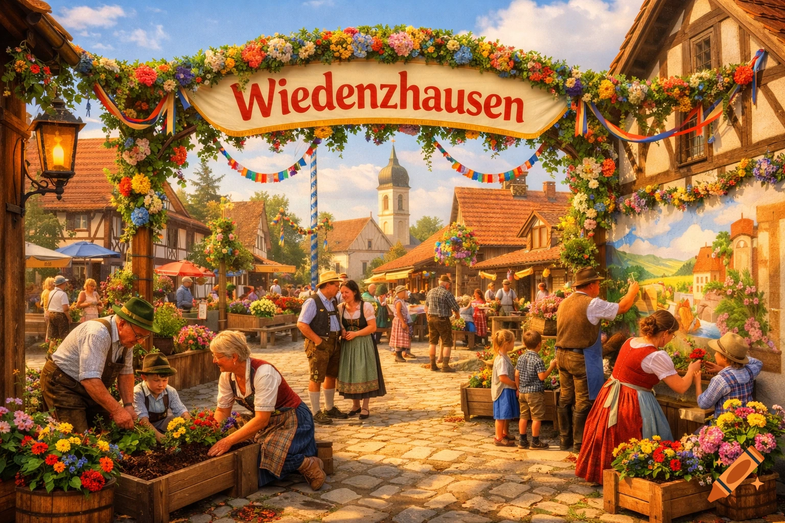Lively German village festival scene with people in traditional attire, planting flowers under a banner reading "Wiedenzhausen" in a photorealistic style.