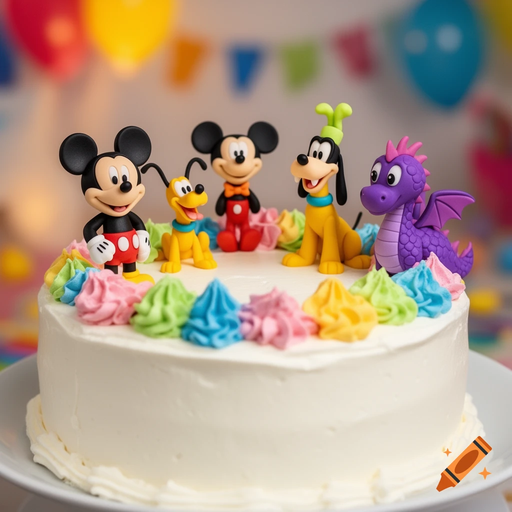 A white birthday cake decorated with Mickey Mouse, Pluto, Goofy, and a purple dragon figurines, surrounded by colorful frosting swirls.