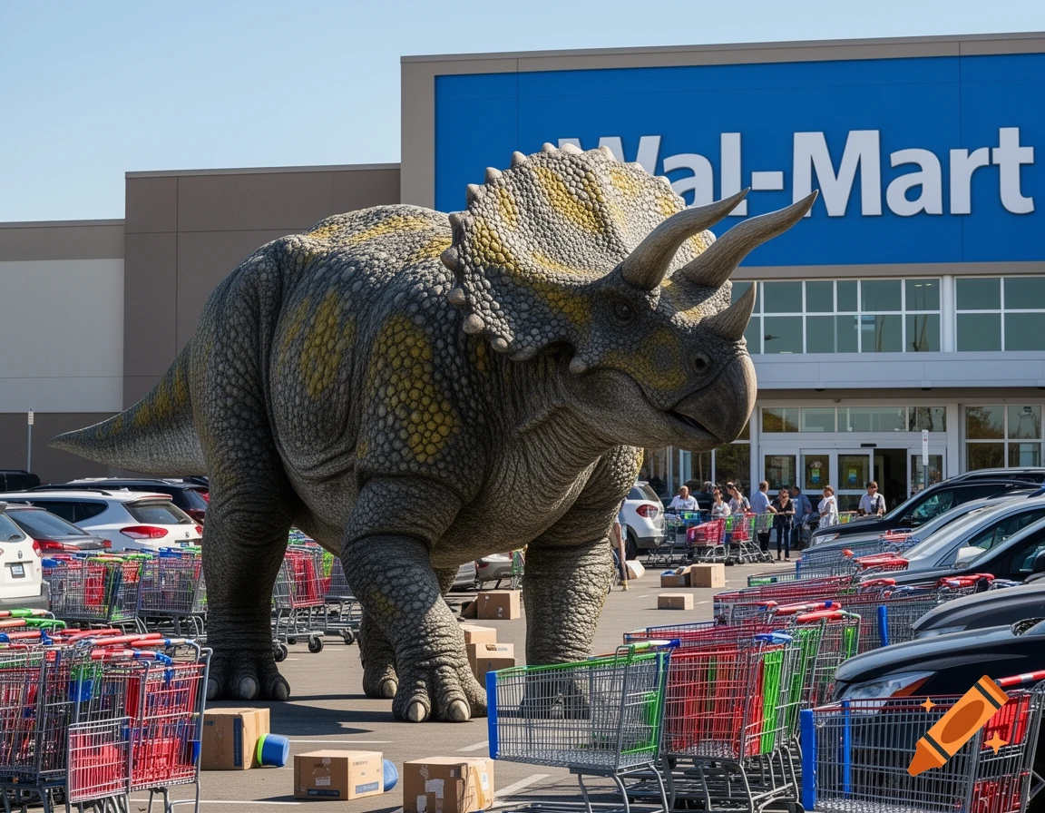 A large triceratops dinosaur stands in a Wal-Mart parking lot filled with cars and shopping carts, under a clear sky.
