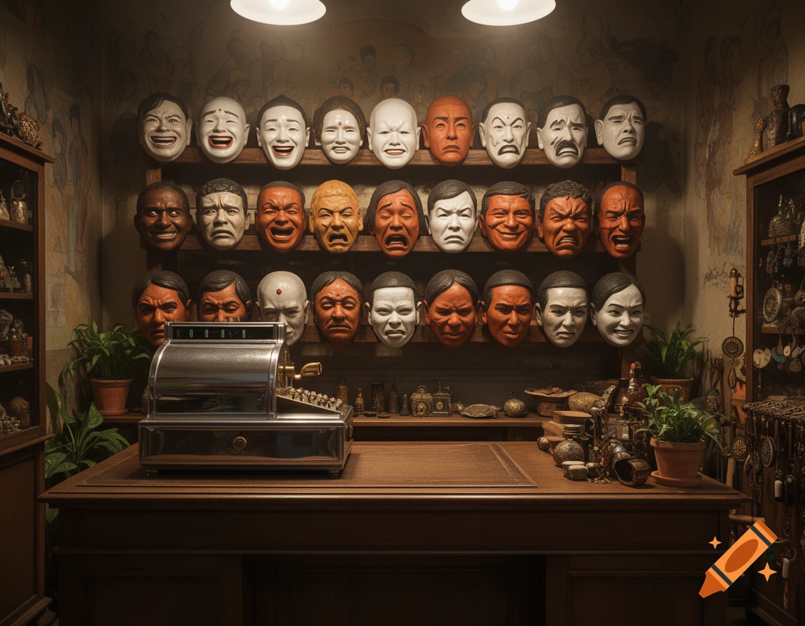 Photorealistic image of a shop interior with a chrome cash register on a wooden desk and three rows of expressive human masks on the wall.
