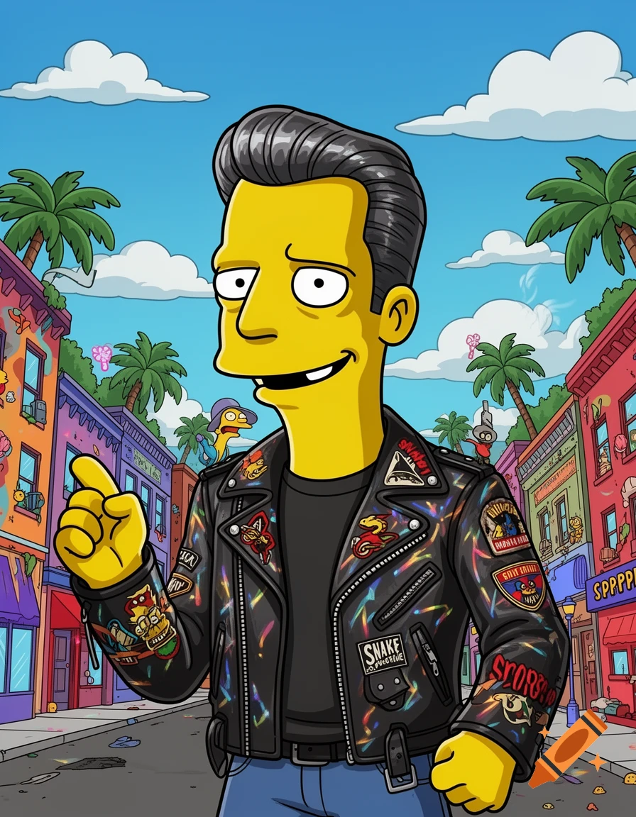 A yellow-skinned character in The Simpsons style, resembling Snake, wearing a black leather jacket with colorful patches on a vibrant street.