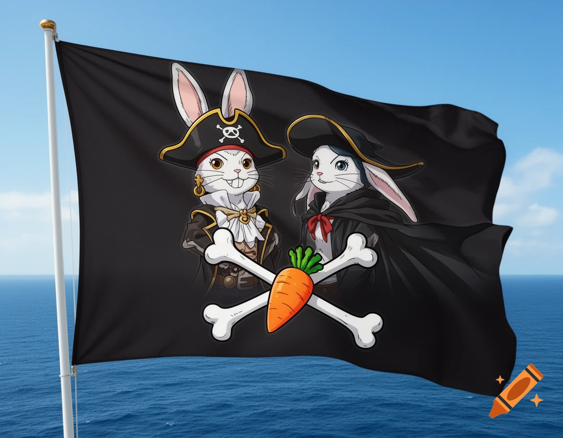 An anime-style black pirate flag features two rabbits dressed as pirates with a skull, crossed bones, and carrot emblem over the ocean.