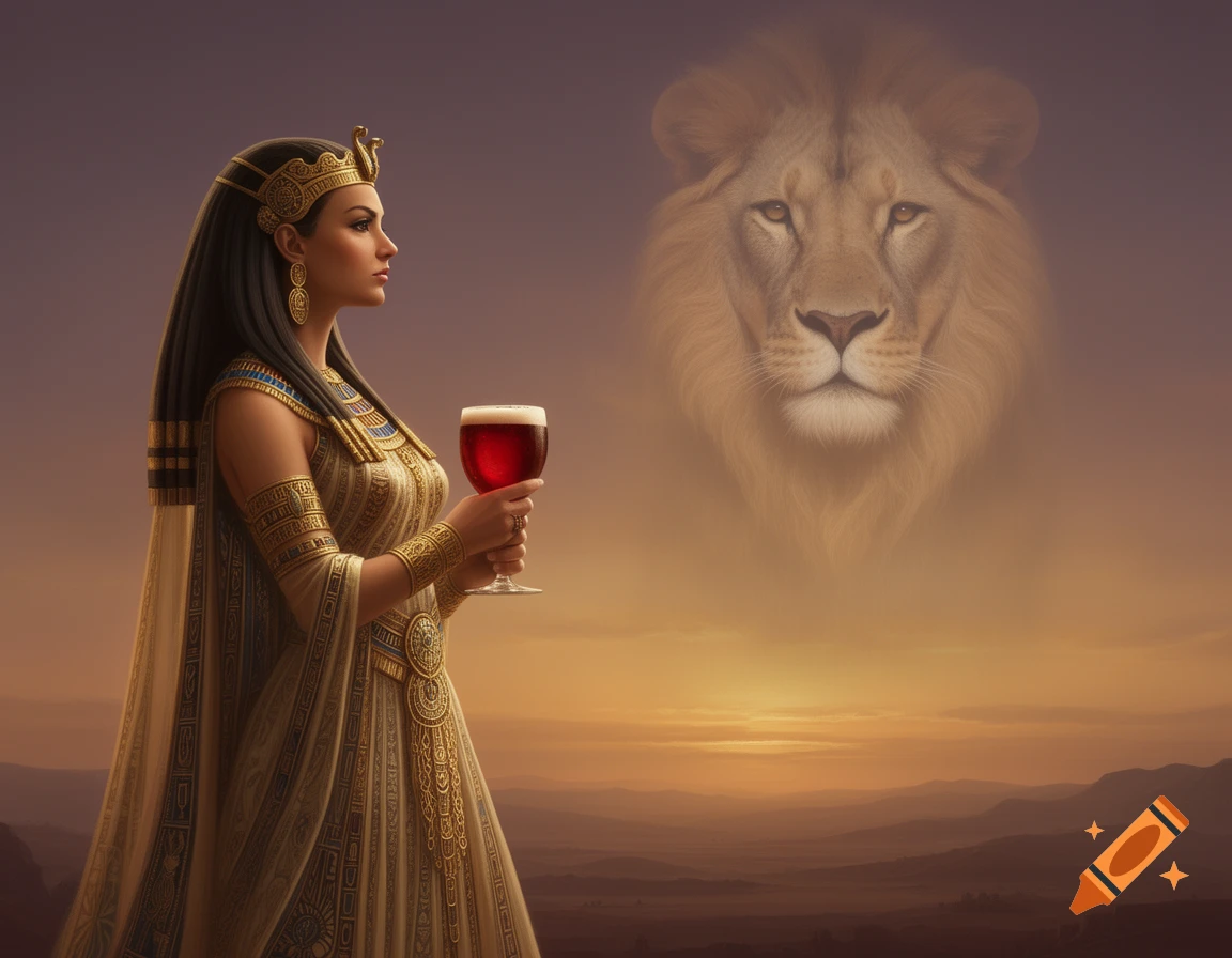Egyptian goddess holding a red drink looks at a ghostly lion head in a desert sunset.