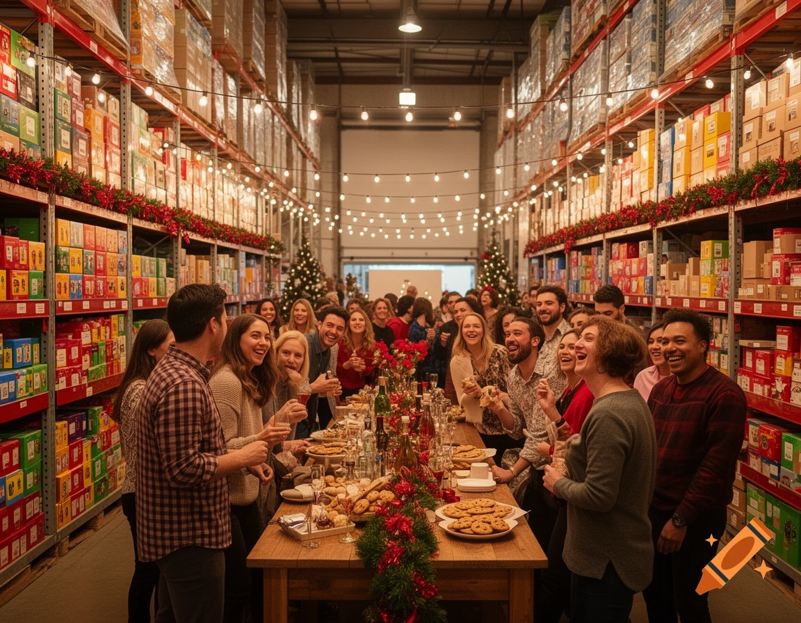 A diverse group celebrates a Christmas party in a warehouse aisle decorated with lights and garlands, enjoying food and drinks.