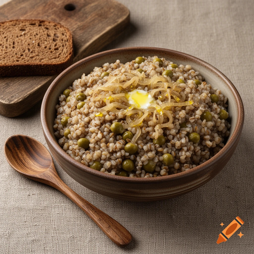 Photorealistic buckwheat porridge with peas, onions, and butter in a ceramic bowl, with a wooden spoon, bread, and board.