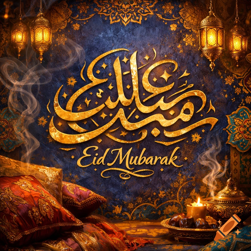 Ornate gold 'Eid Mubarak' calligraphy and English text on a dark blue background with gold patterns, surrounded by lit lanterns, plush cushions, dates, and a candle.