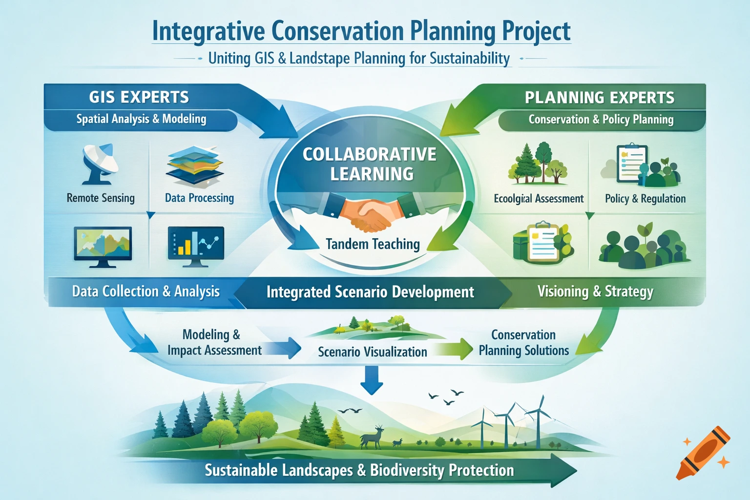 Infographic illustrating an Integrative Conservation Planning Project, uniting GIS and landscape planning for sustainable solutions.