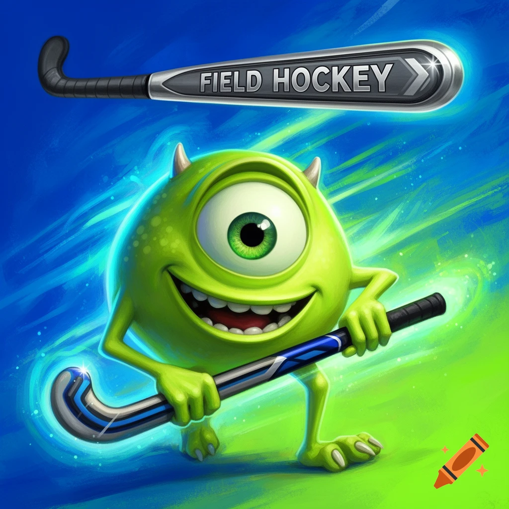 Smiling Mike Wazowski from Monsters Inc. holds a field hockey stick, with another stick labeled 'FIELD HOCKEY' above him in an illustration.