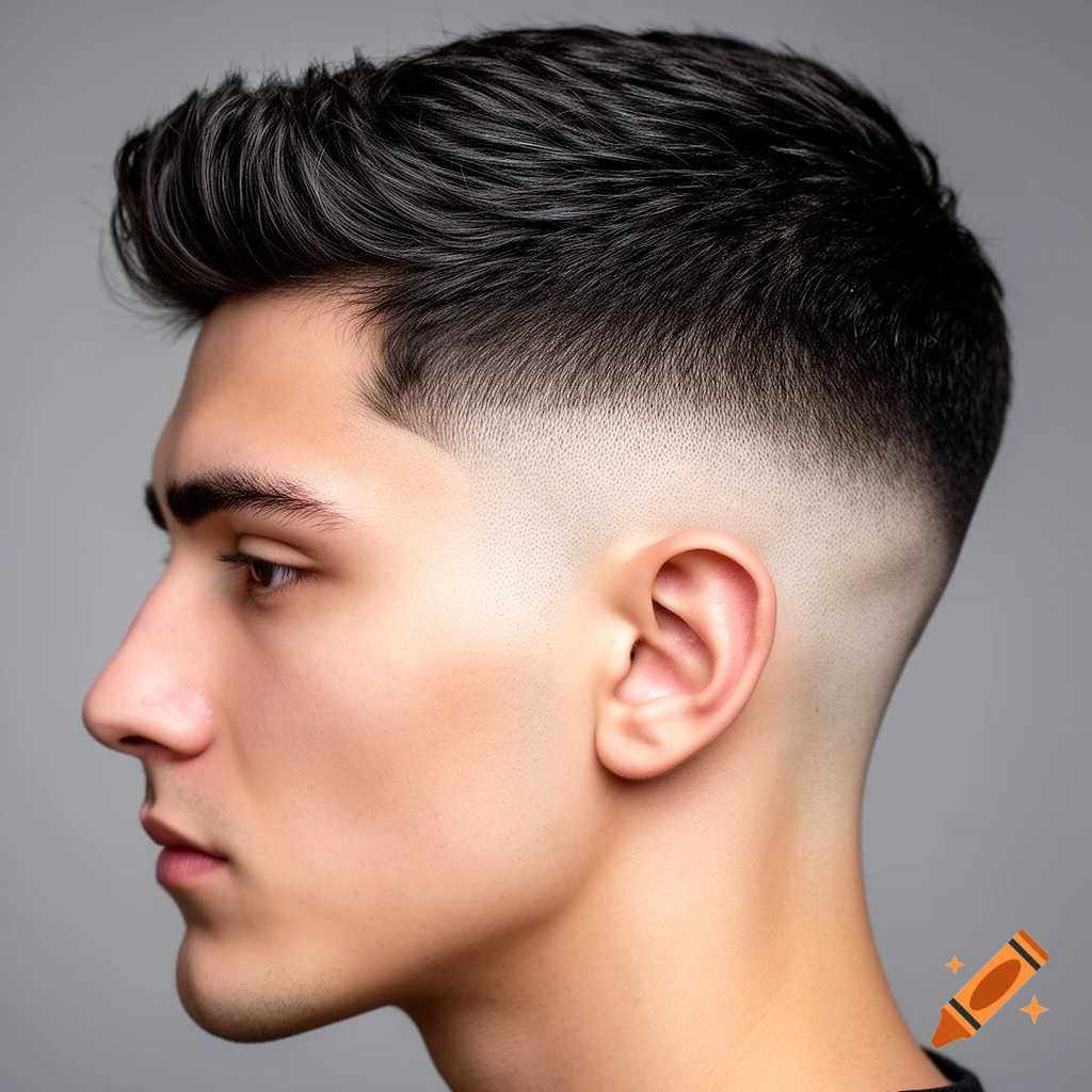 Side profile of a young man with a modern low taper fade haircut.