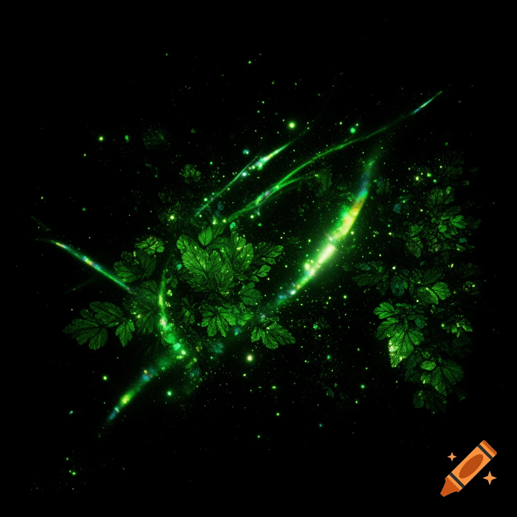 Abstract image of luminous green leaves and glowing particles on a black background, with streaks of light.