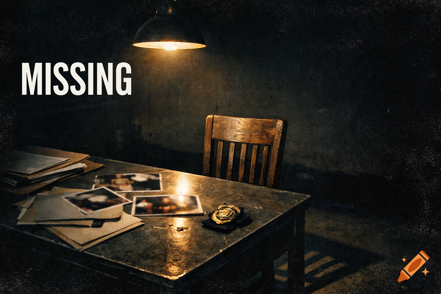 A dark, gritty detective's desk with case files, blurred photos, a badge, and an empty chair. The word 'MISSING' is visible.