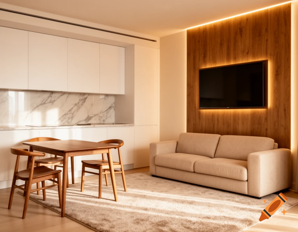 A modern open-plan apartment with a white kitchen, wooden dining table, beige sofa, and a wall-mounted TV with warm LED backlighting.
