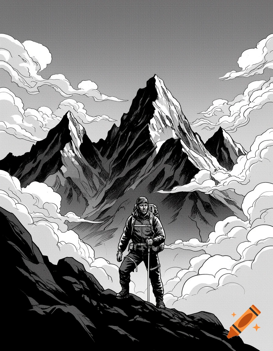 Black and white comic art of a mountaineer standing on a rocky peak, surrounded by clouds and jagged mountain ranges.