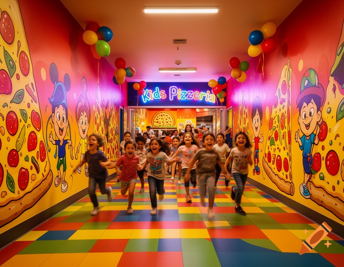 Children run excitedly down a brightly colored hallway adorned with cartoon pizzas and characters, towards a "Kids Pizzeria" sign.