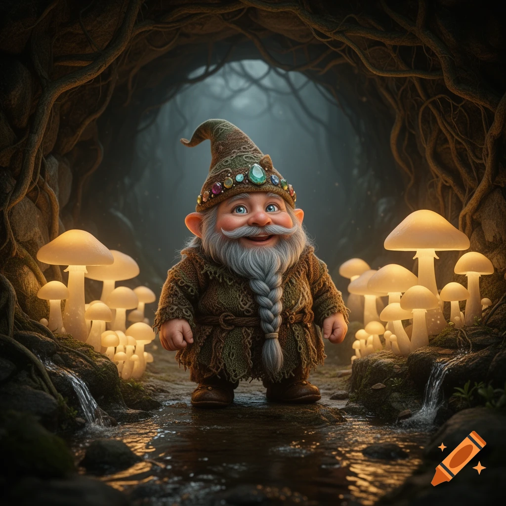 A cute deep gnome with a long braided white beard and a jeweled hat stands in a magical forest surrounded by glowing mushrooms.