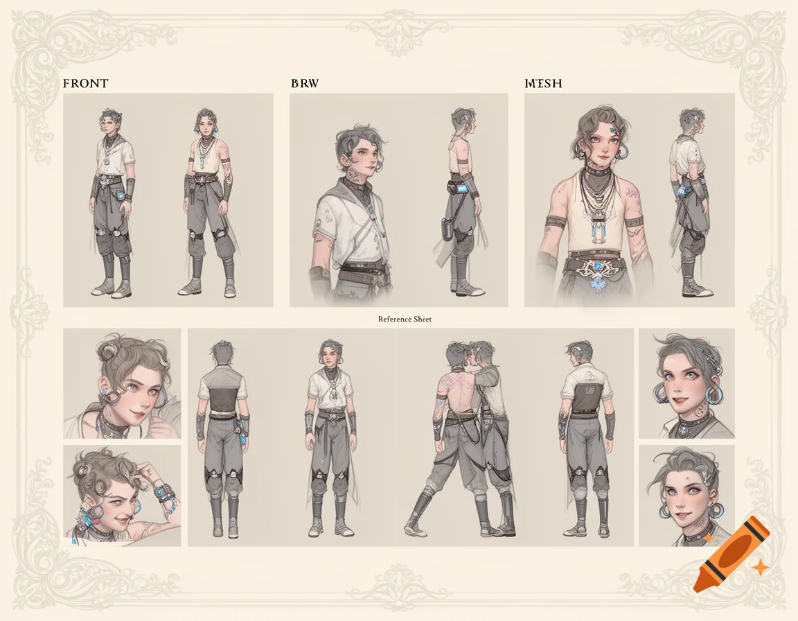 Multiple views of a character with short dark hair, tattoos, and ...