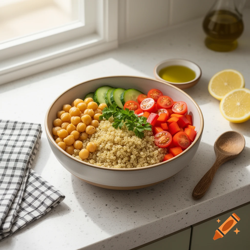 Photorealistic Mediterranean vegan quinoa bowl with chickpeas, vegetables, and parsley on a kitchen counter with natural light.