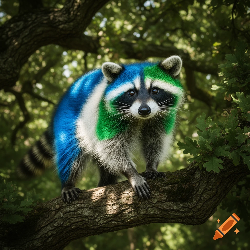 A photorealistic raccoon with a blue, white, and green patterned fur sits on a tree branch, looking forward.