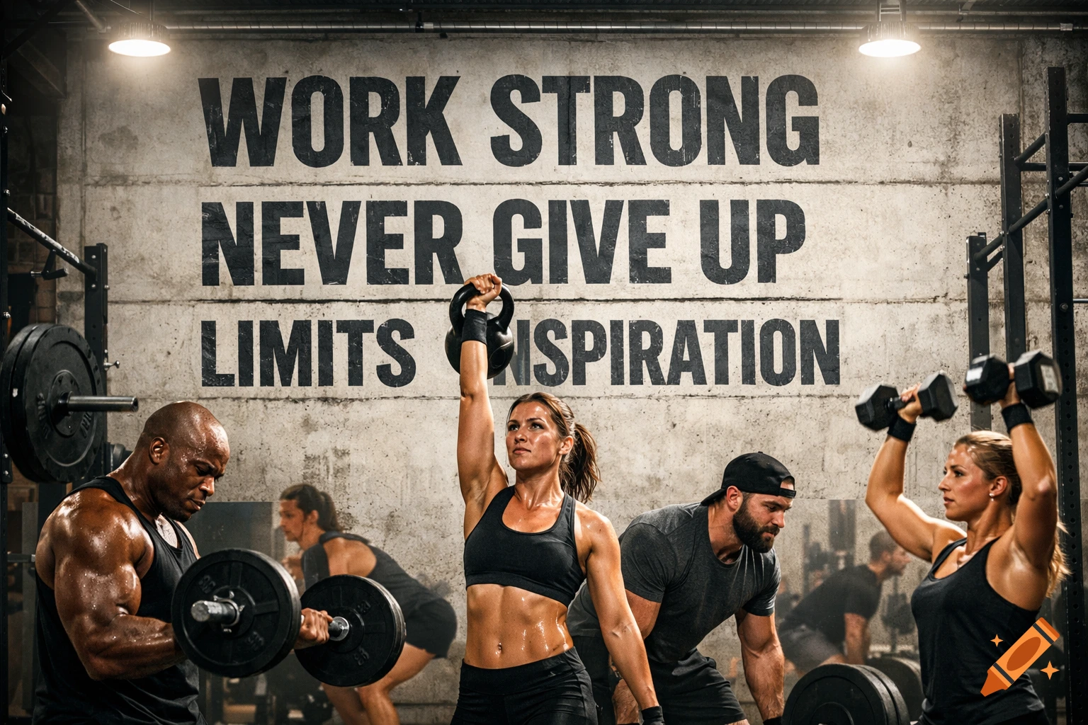 Diverse group of fit people exercising in a gym with motivational text on the wall.
