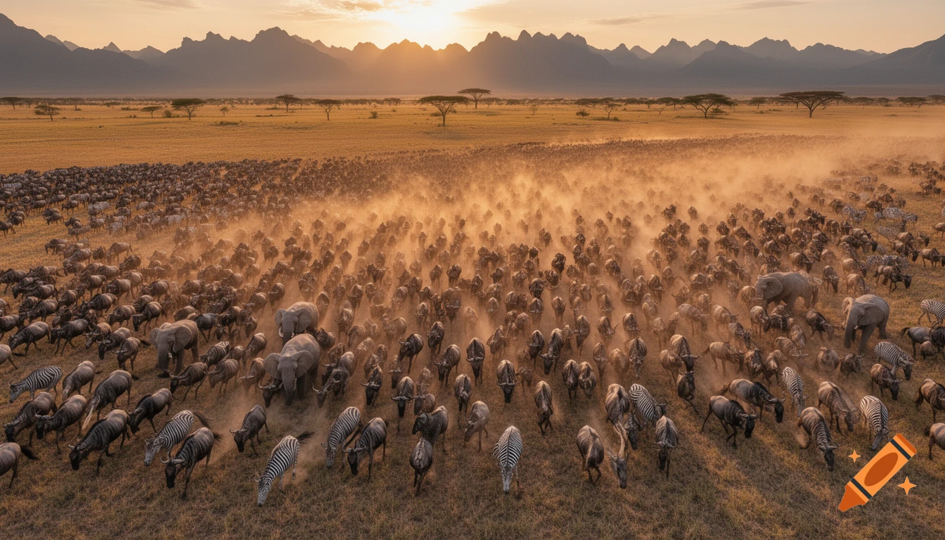 A massive herd of wildebeest, zebras, and elephants stampeding across a dusty savanna at sunset, with mountains.