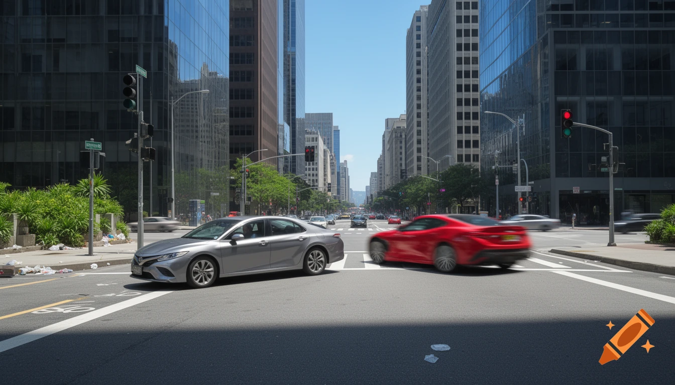 Photorealistic view of a busy city street intersection on a sunny day, with a silver car stopped and a red car speeding through.
