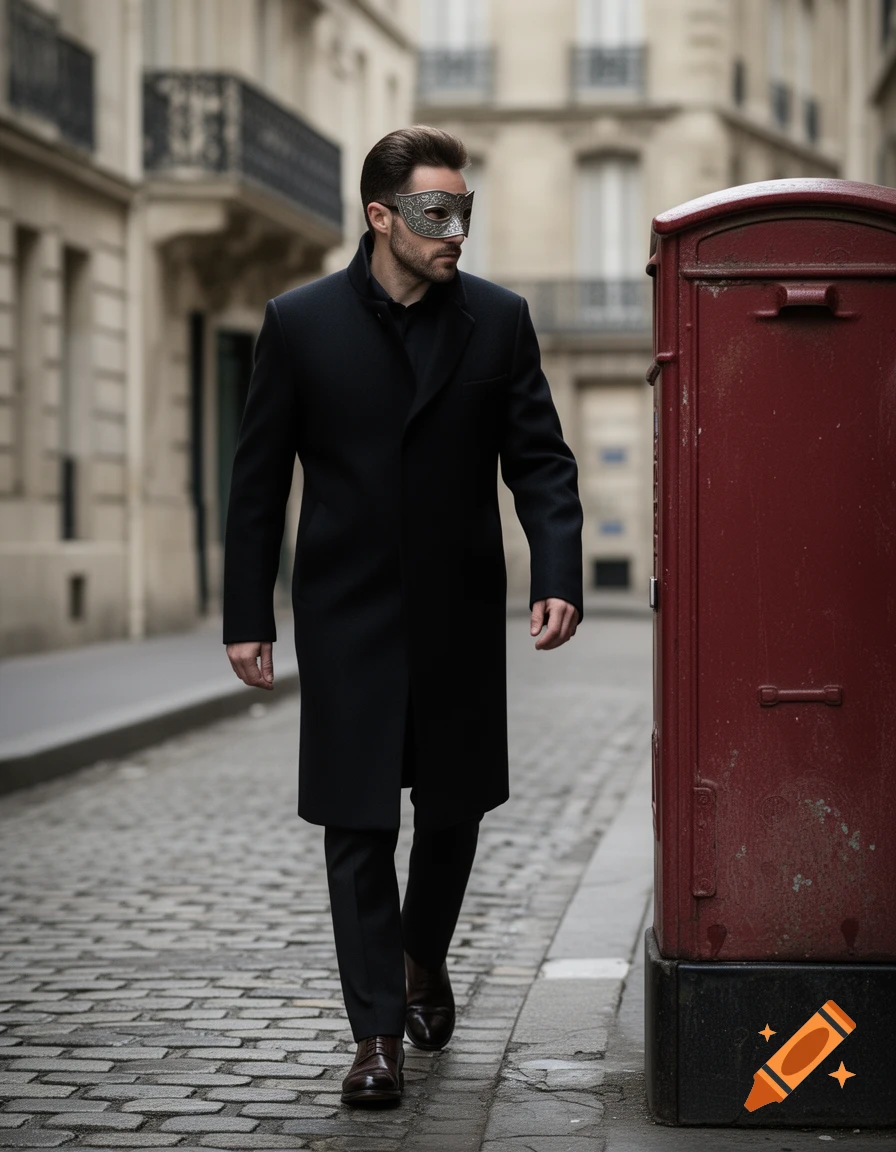 A man in a black coat and a silver mask walks on a cobblestone street next to a red mailbox, with old buildings in the background.