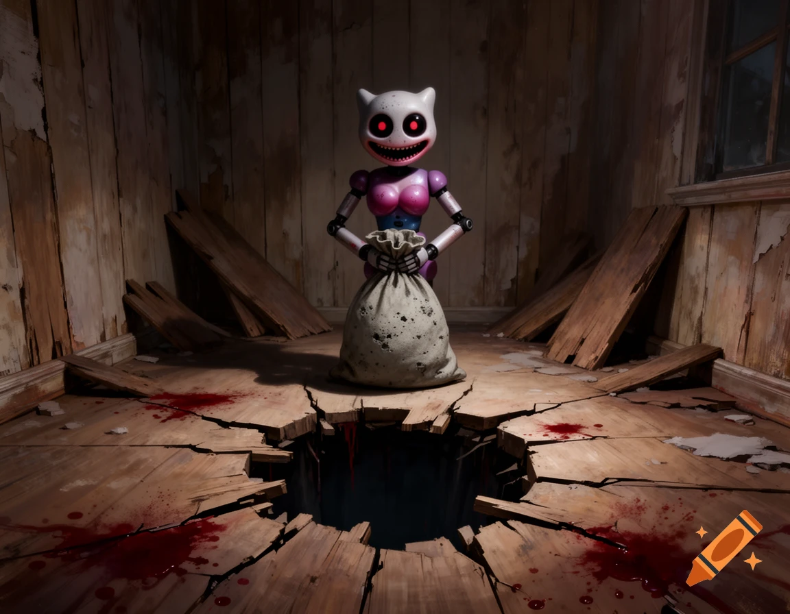 A creepy cat-like doll with glowing red eyes and a pink bust holds a sack in a dark, dilapidated room with blood-splattered wooden floors and a large hole.