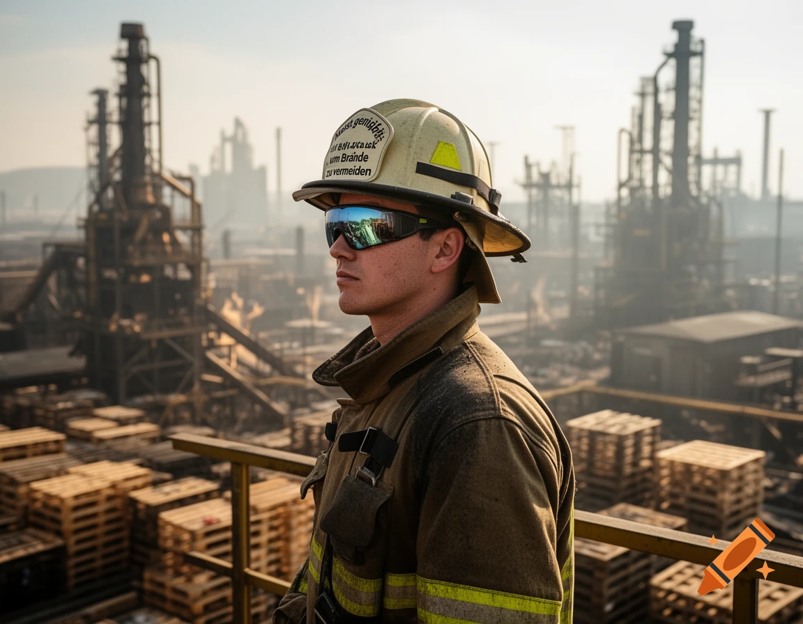 Photorealistic image of a male firefighter wearing a helmet and goggles, looking over an industrial plant with many pallets in the foreground.