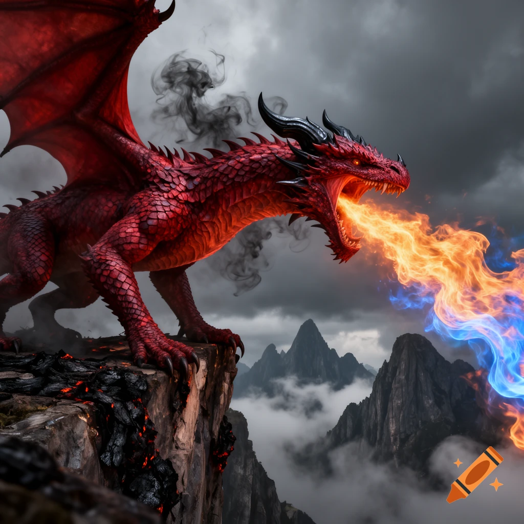 A vibrant red dragon with large wings breathes orange and blue fire ...