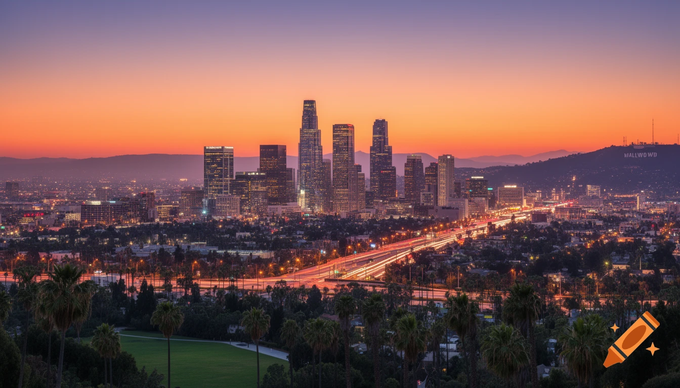 Downtown Los Angeles skyline at sunset, showing illuminated skyscrapers, a busy highway with light trails, and distant hills under a vibrant orange and purple sky.