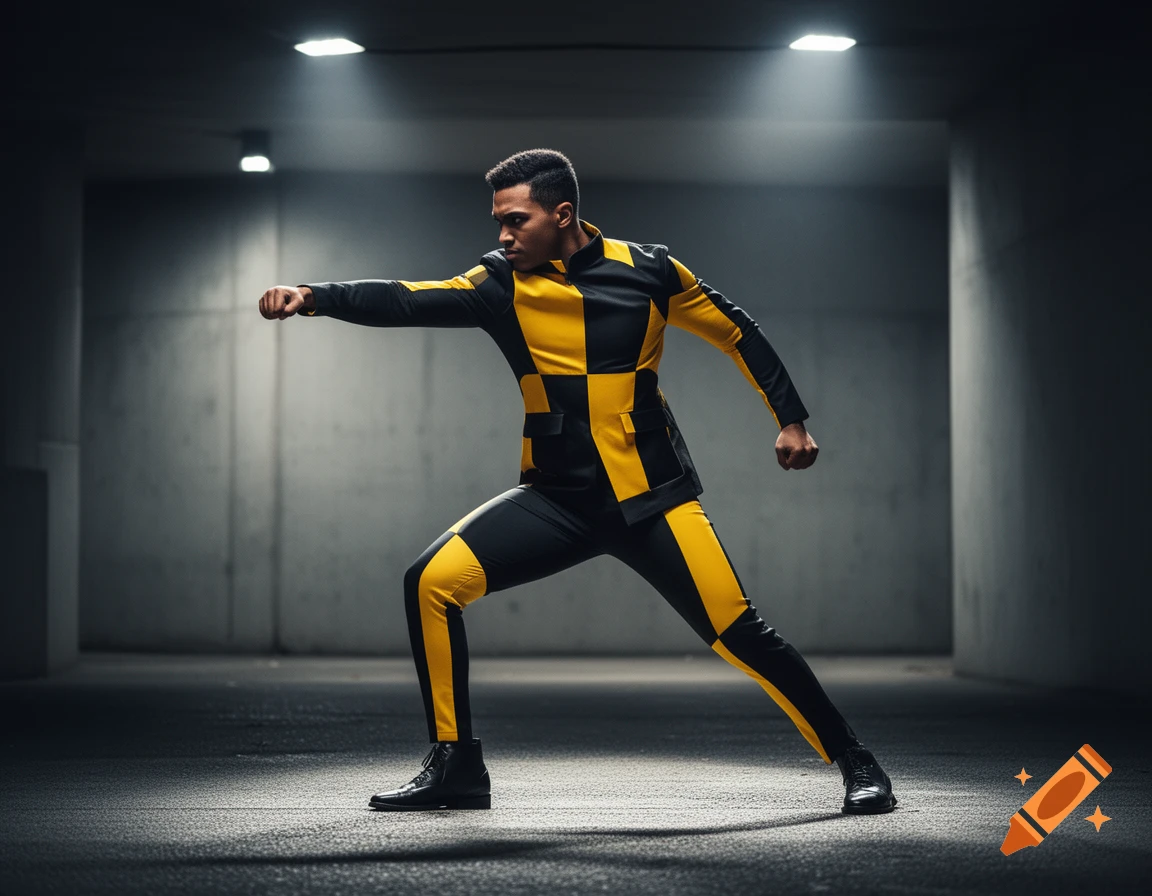 A man in a black and yellow checkered suit strikes a dynamic pose in a dark concrete environment under spotlights.