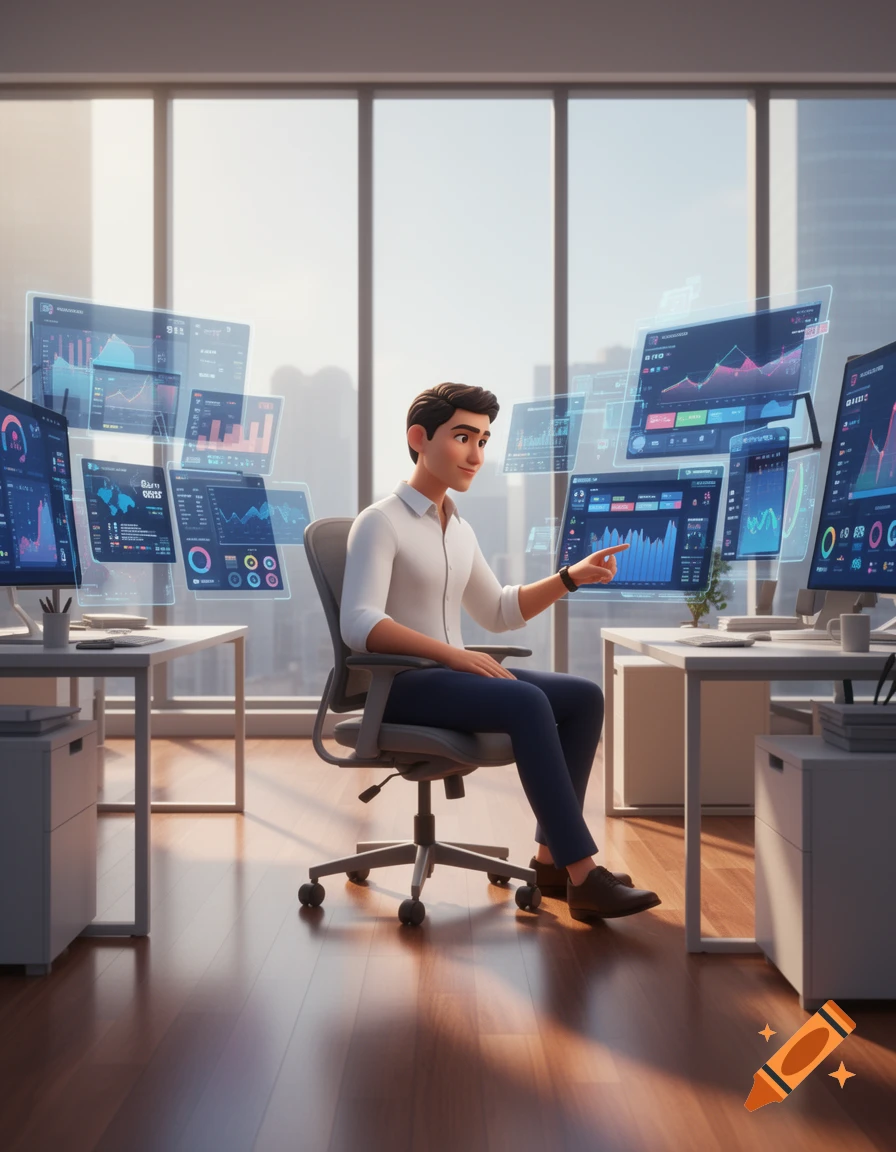 A 3D animated man in a modern office, sitting at a desk and pointing at a monitor displaying graphs. Several holographic data screens float around him.