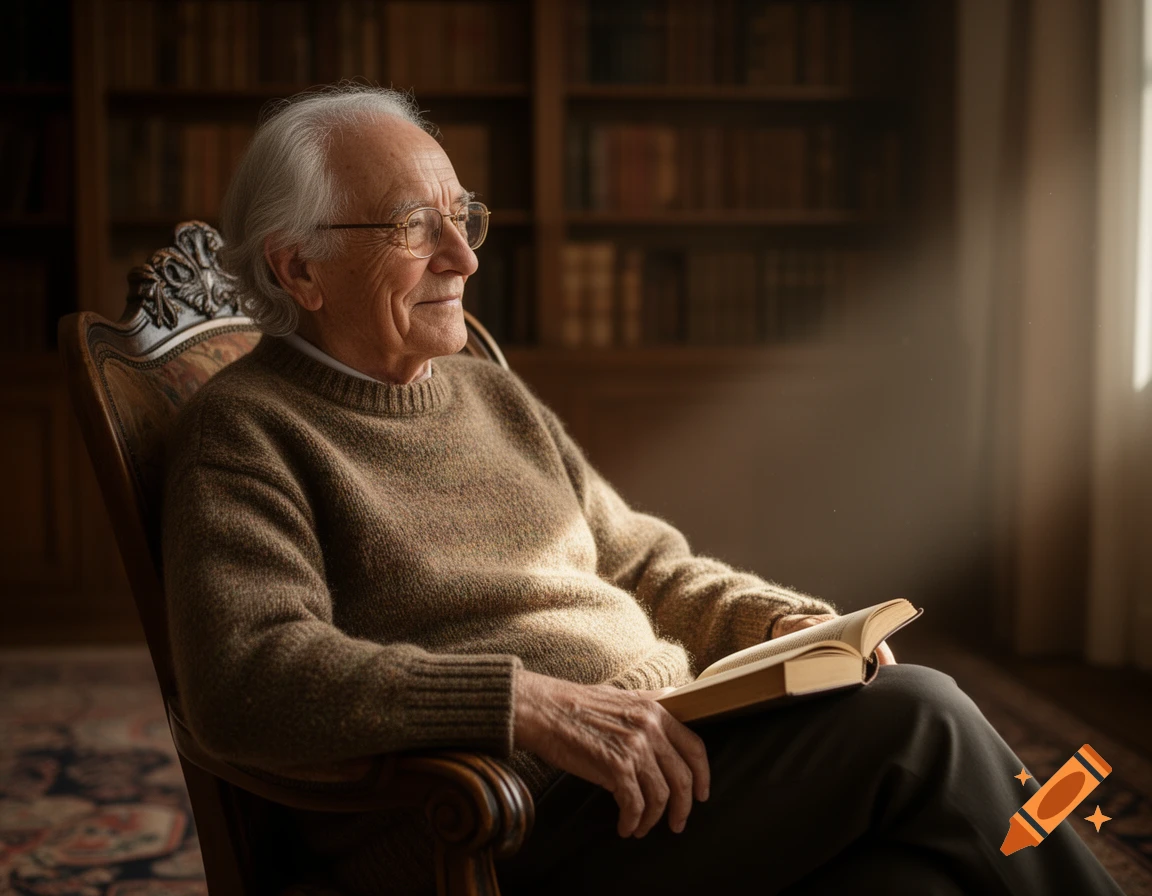 An elderly man with white hair and glasses sits in an ornate chair, reading a book in a sunlit library.