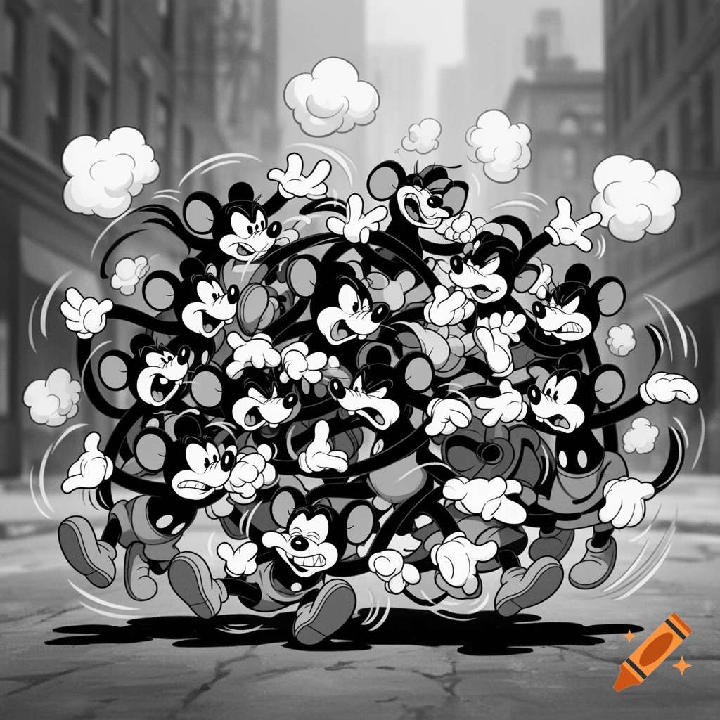 A black and white image of a chaotic pile of angry rubberhose cartoon mice, tangled together on a city street.
