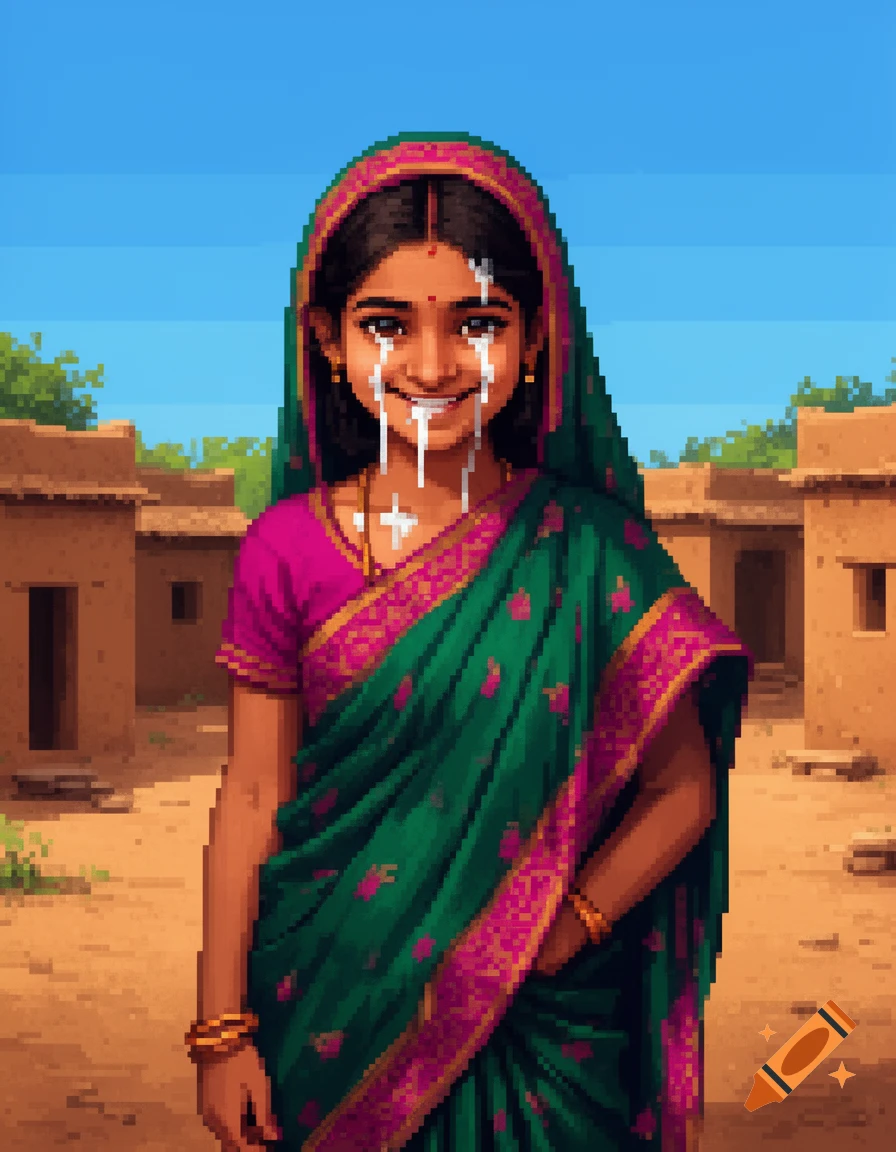 A smiling Indian woman in a green saree with milk dripping from her face, depicted in pixel art style.
