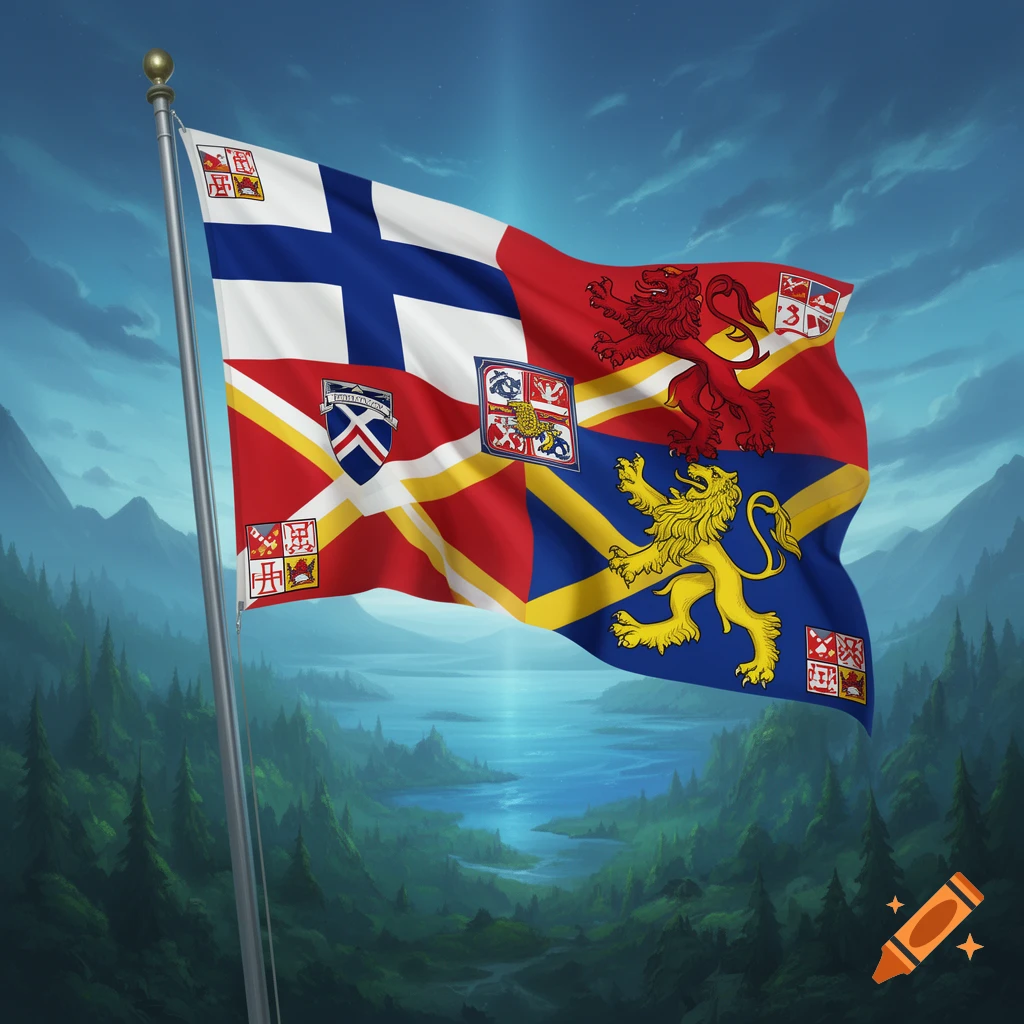 A stylized flag featuring combined heraldic elements, including a blue cross on white, red lions, and a yellow lion on a blue X, flying over a mountain lake landscape.