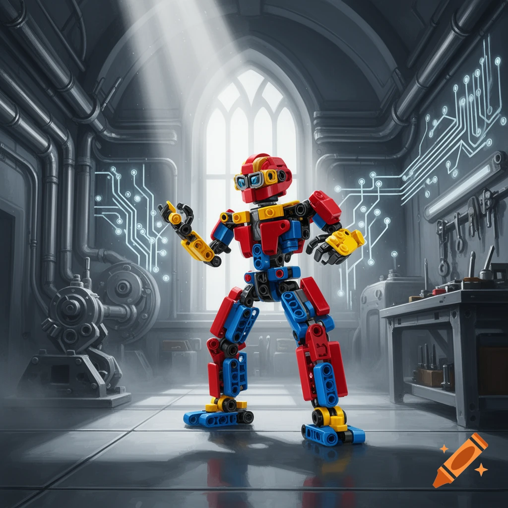 A colorful Lego Technic robot stands in a futuristic, dimly lit workshop with glowing circuit patterns on the walls.