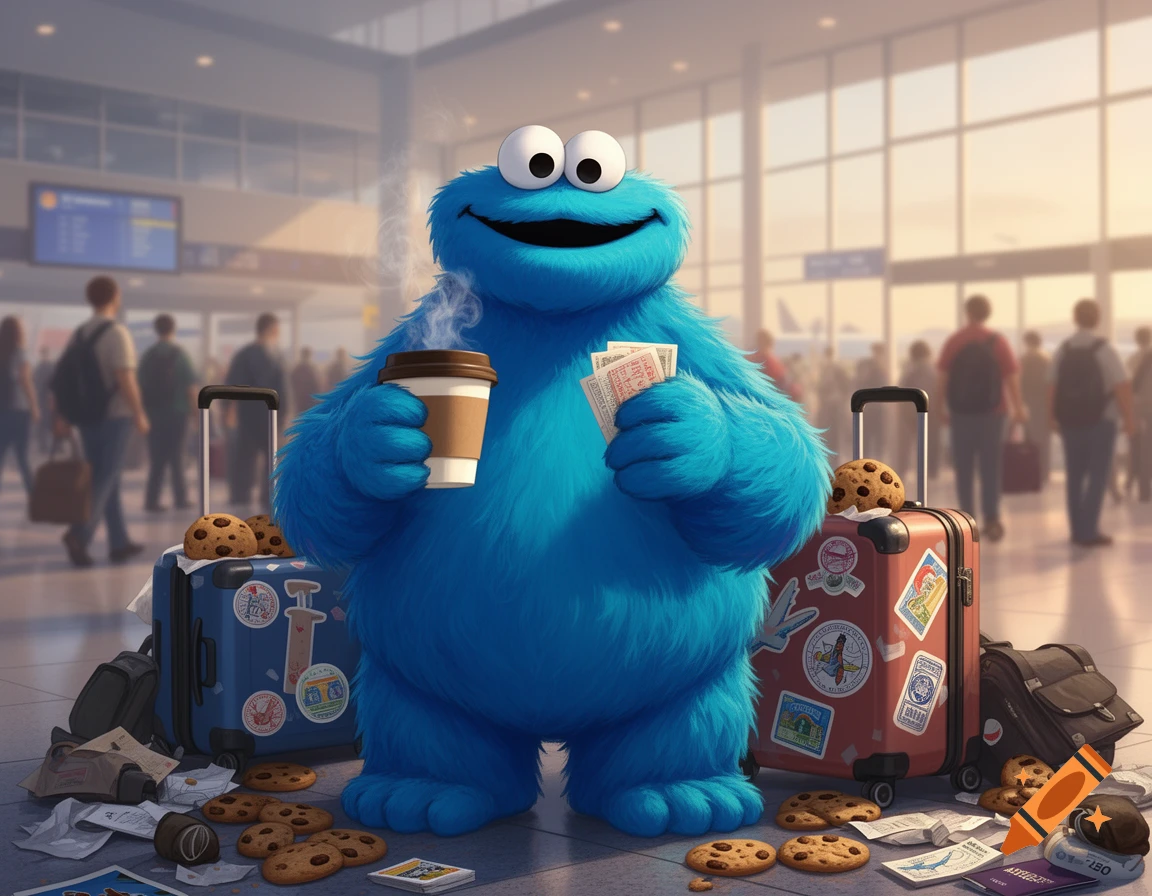 Blue furry Cookie Monster stands in a busy airport, holding a steaming coffee cup and tickets, surrounded by cookies and luggage.